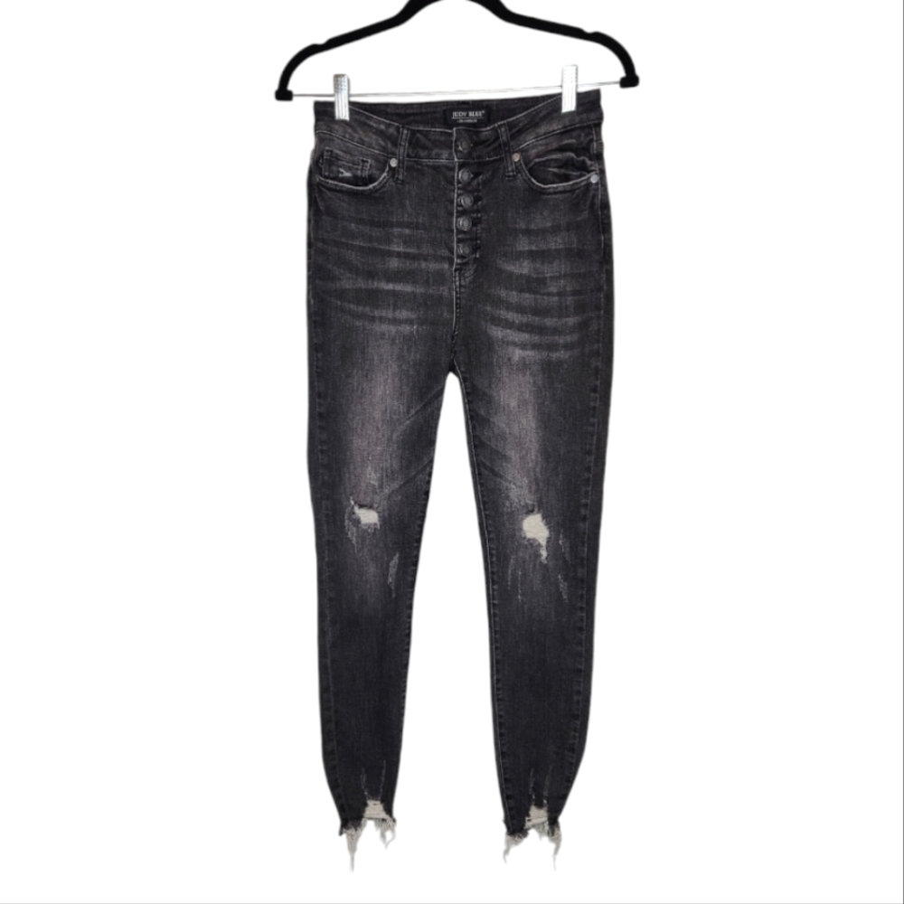 Judy Blue Distressed Exposed Button Fly Skinny Fit Faded Black Jeans Siz…